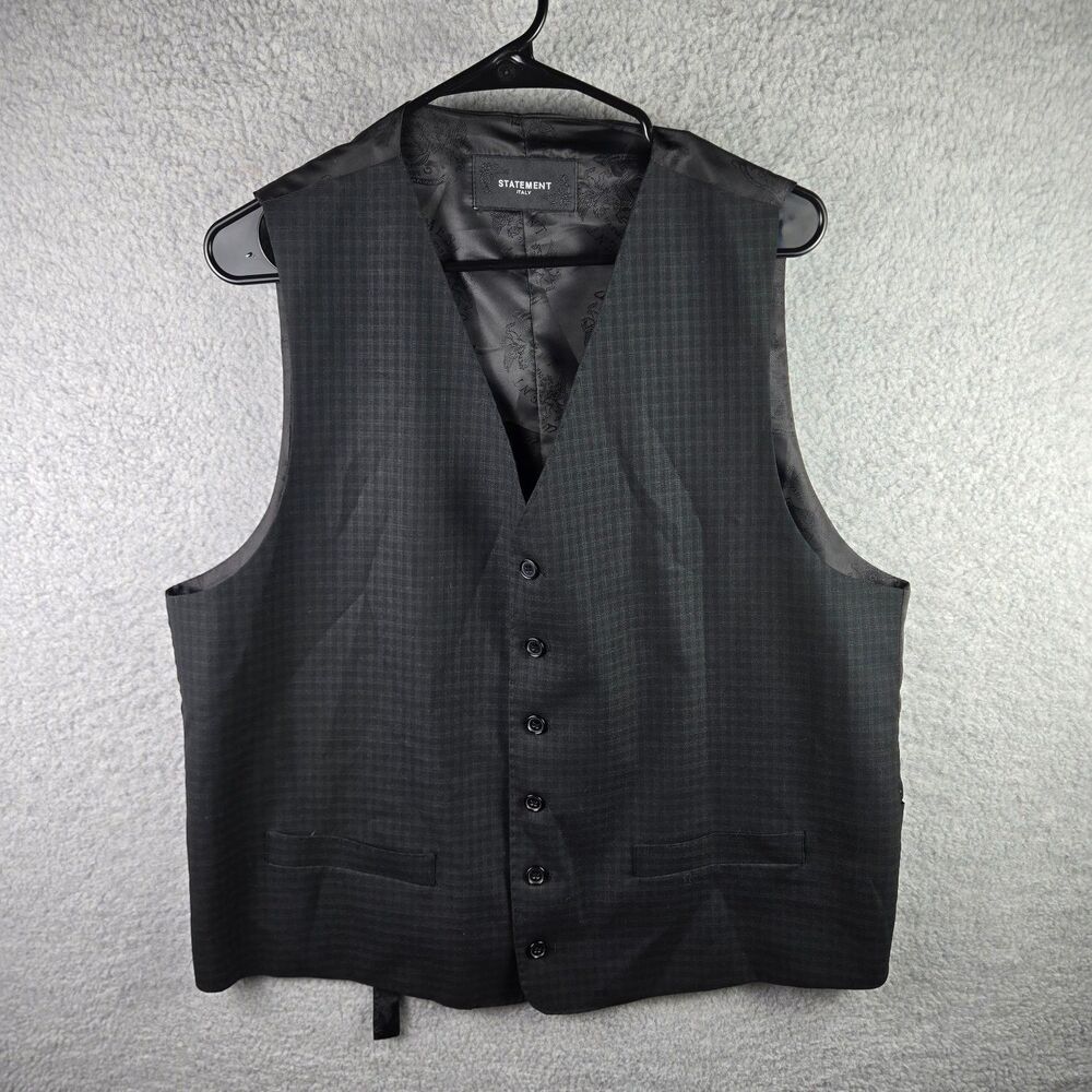 Statement Italy Mens XL Black Plaid Suit Vest Waistcoat Formal 6 Button V Neck